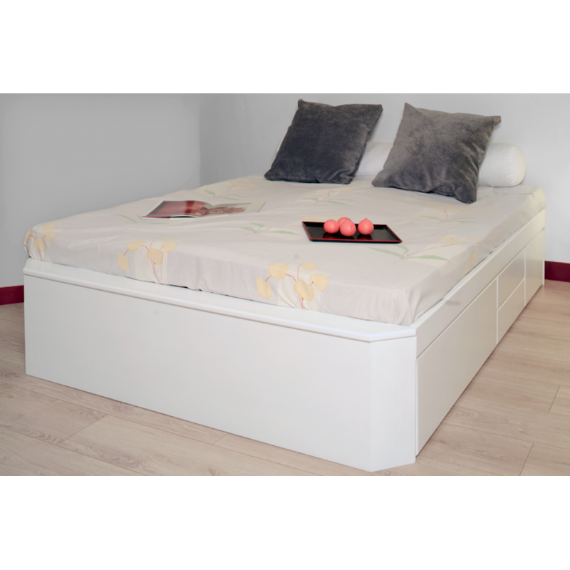 lit en bois blanc avec tiroir de rangement